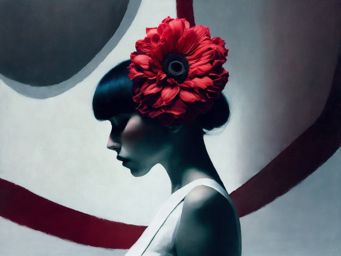 Side Profile of Woman with Black Hair and Red Flower