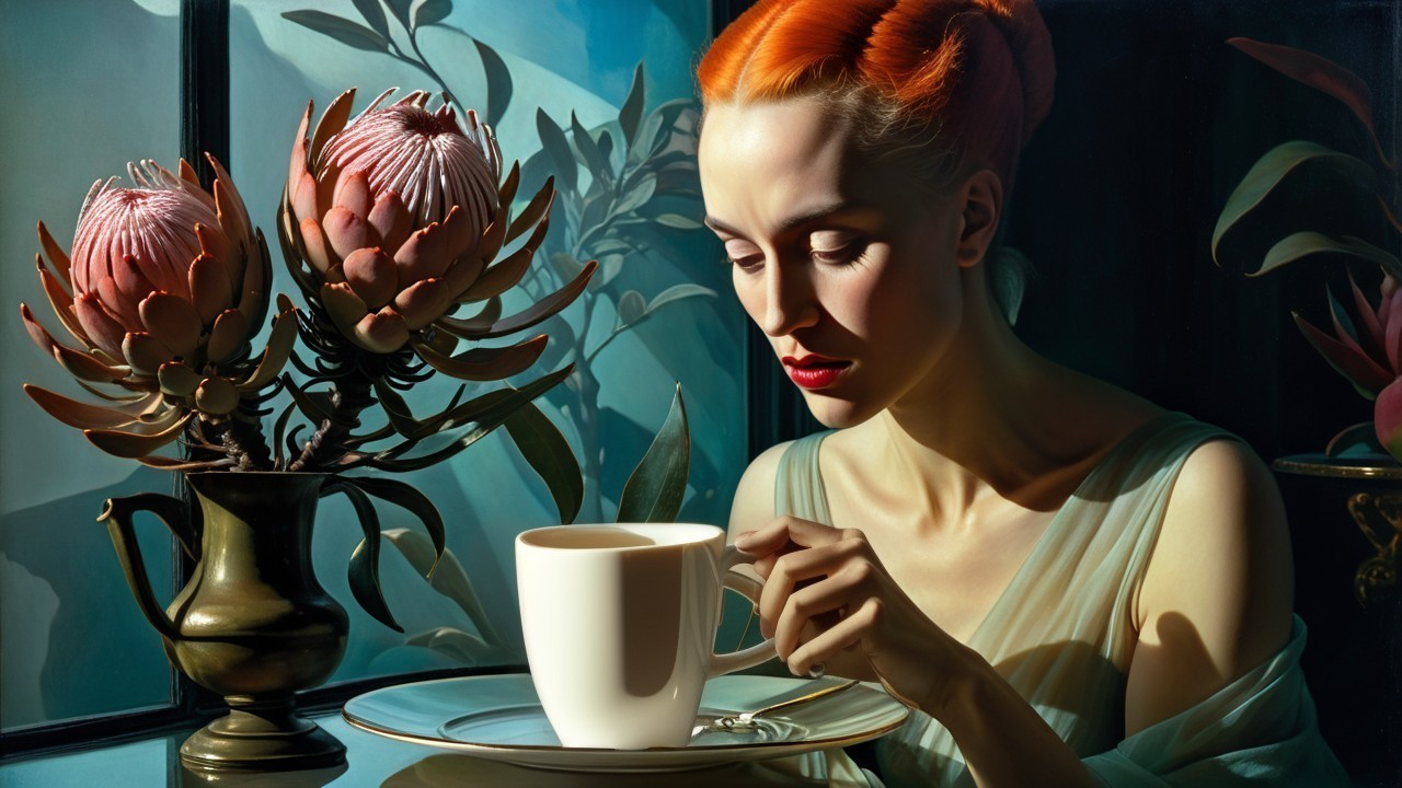 Serene Woman with Red Hair by a Window with Plants