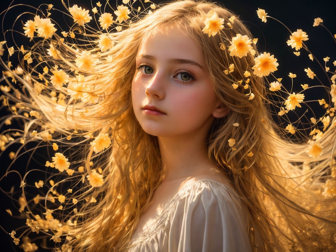 Young girl with blonde hair and yellow flowers in light