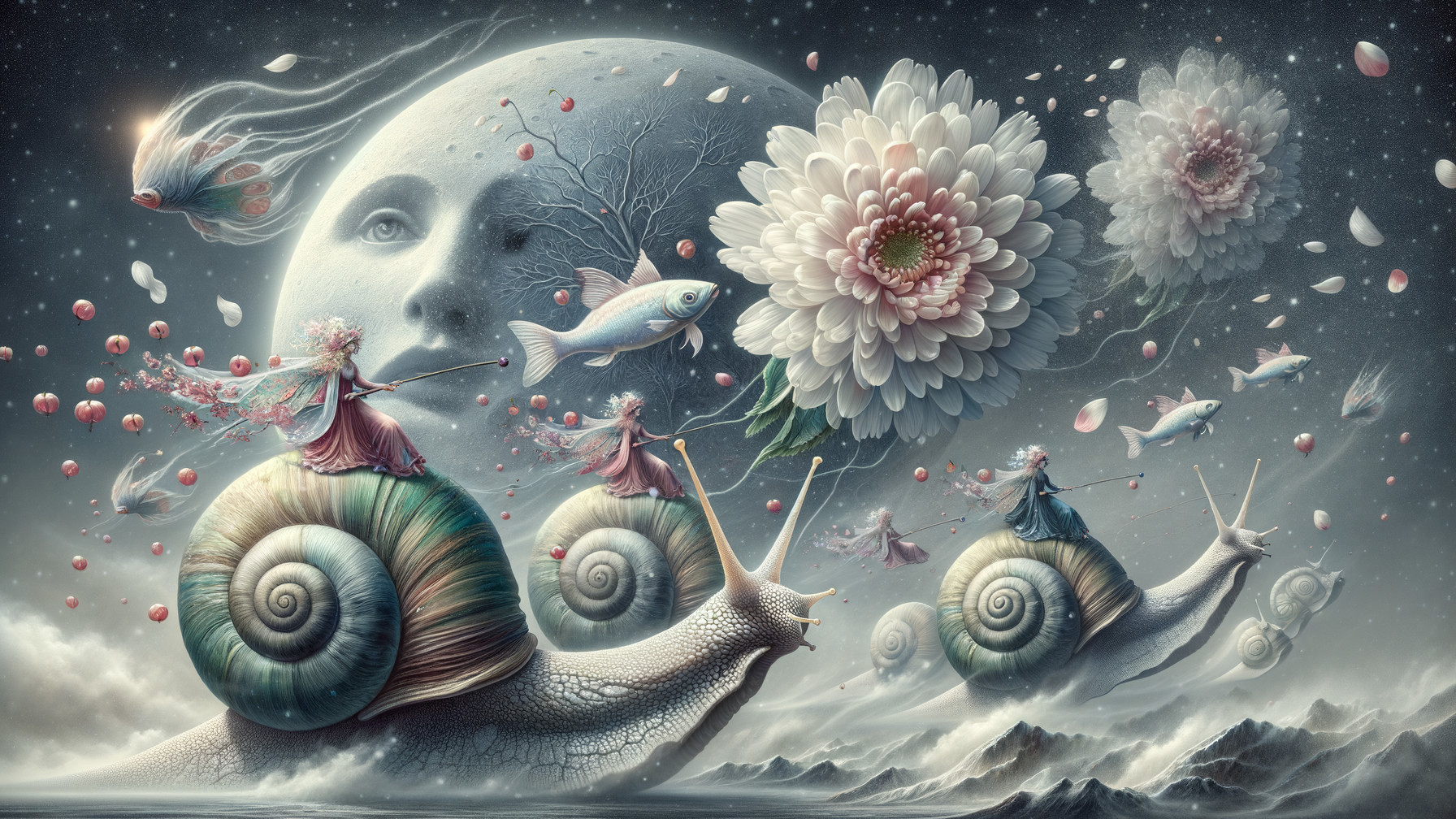 Ethereal Figures Riding Giant Snails in Surreal Landscape