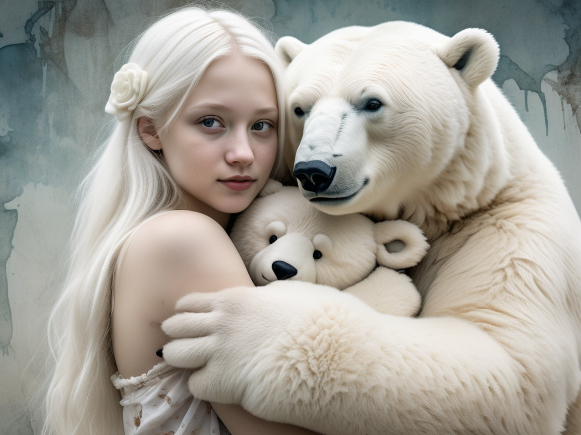 Young girl with polar bears in serene setting