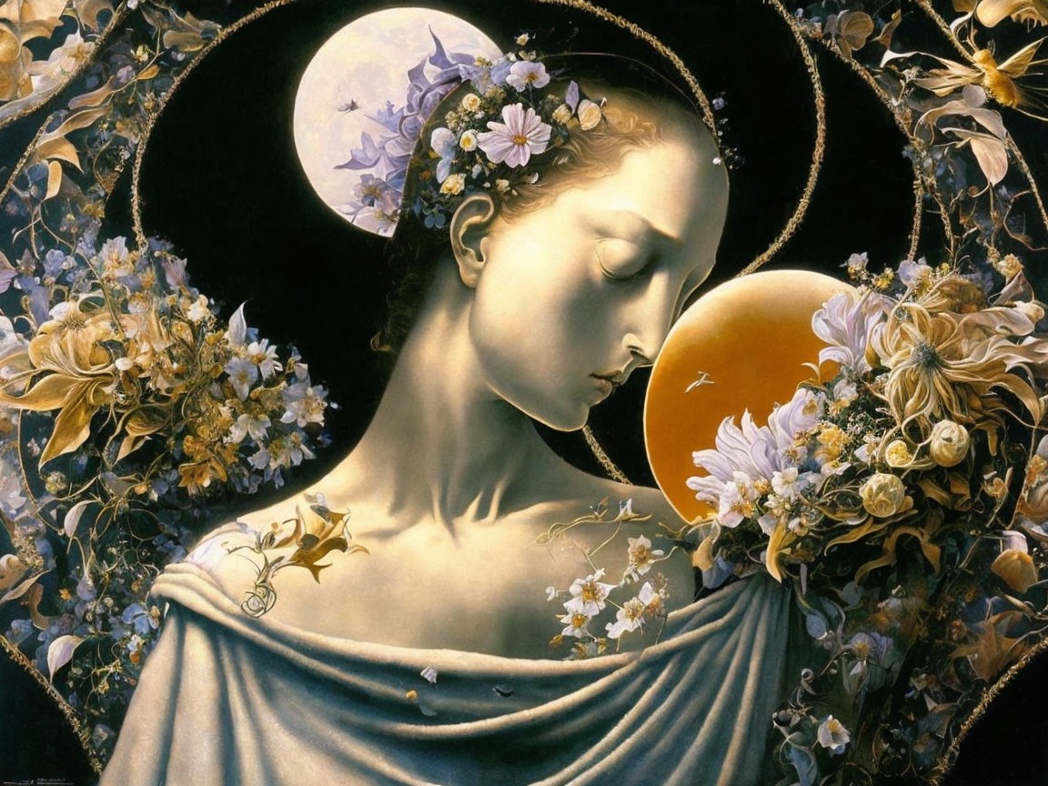 Ethereal Figure with Flowers Against Celestial Moons