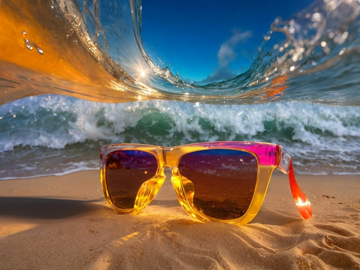Vibrant Sunglasses on Sandy Beach with Ocean Waves