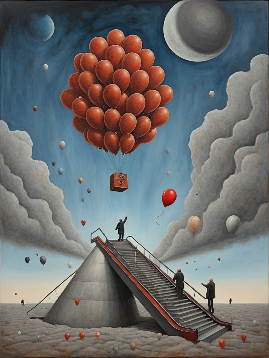 Surreal Landscape with Pyramid Staircase and Moons