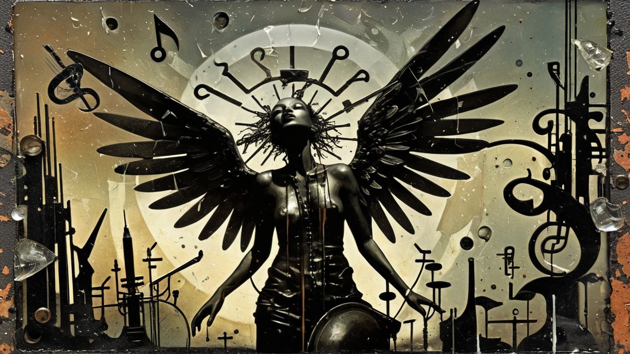 Silhouette of a Winged Figure with Musical Elements