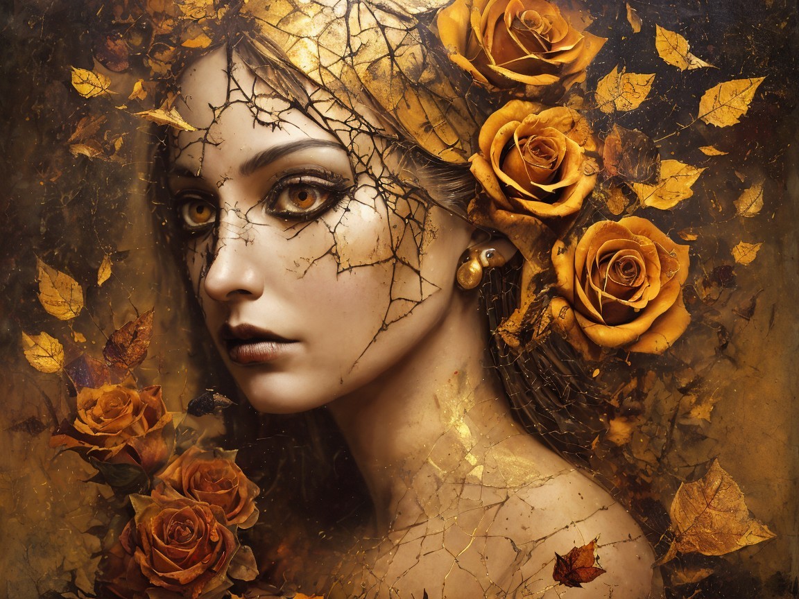Portrait of a Woman with Golden Skin and Roses