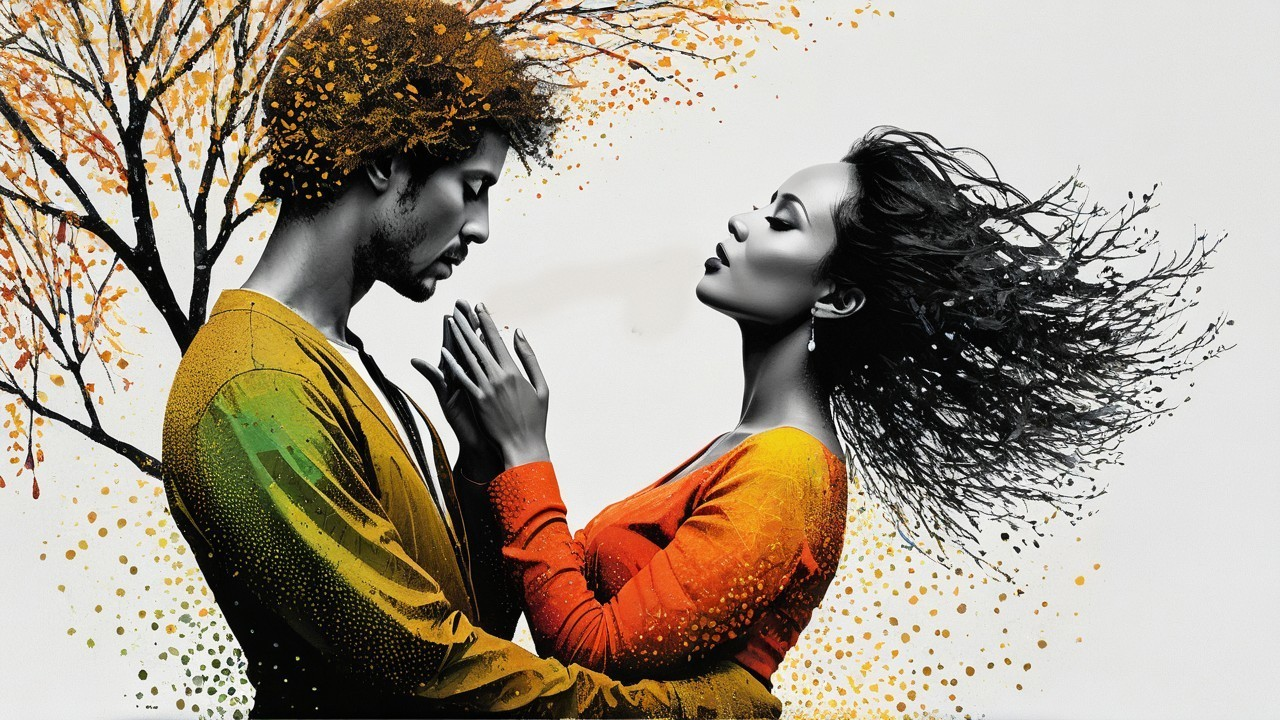 Couple in Intimate Pose with Abstract Color Background