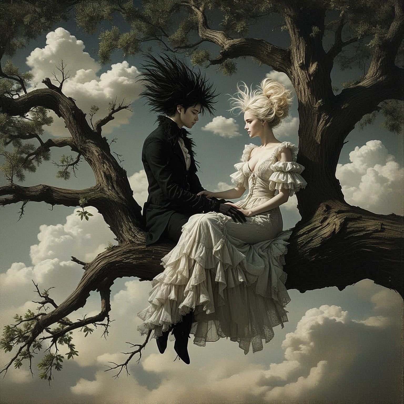 Romantic Scene of Two Figures on a Twisted Tree Branch