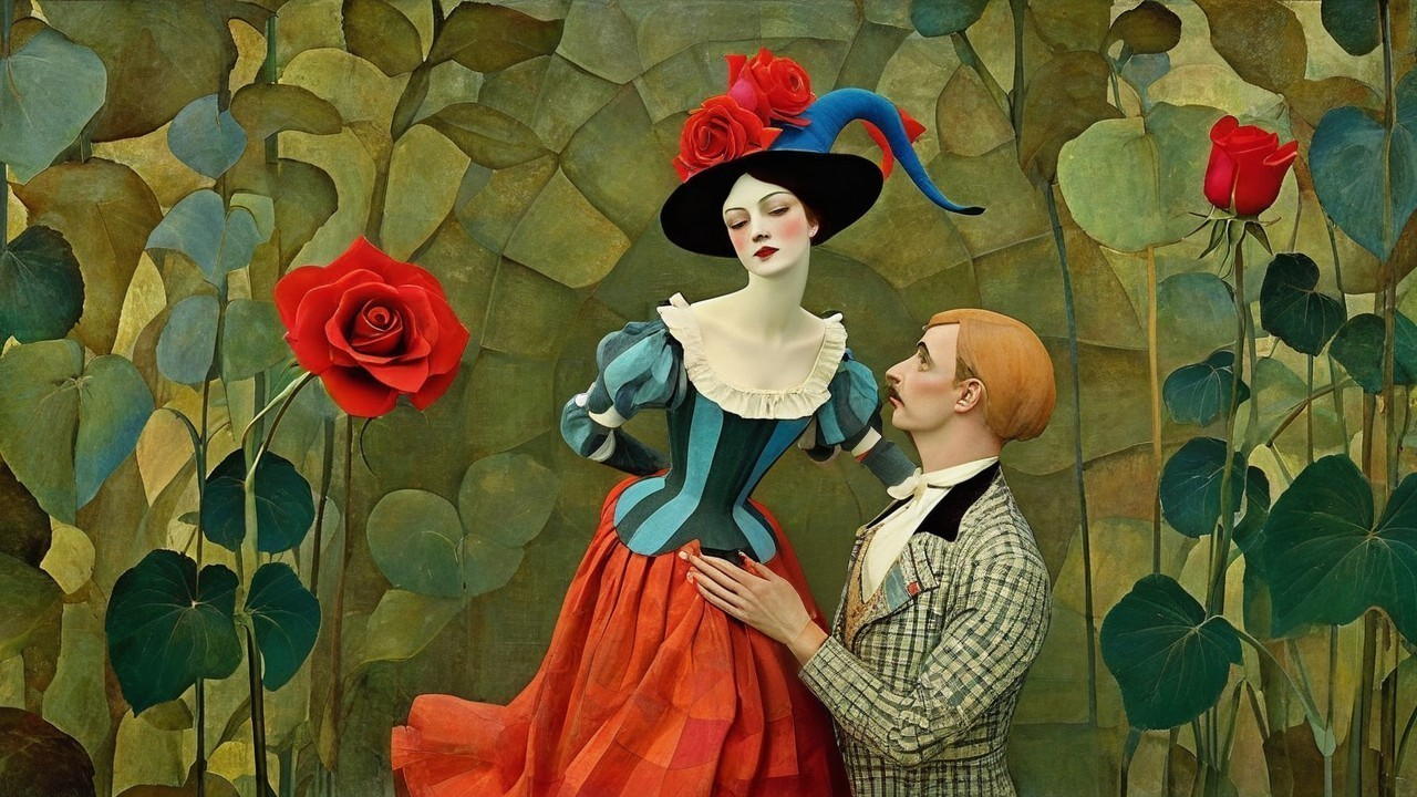 Stylized portrait of a woman in vibrant dress and hat