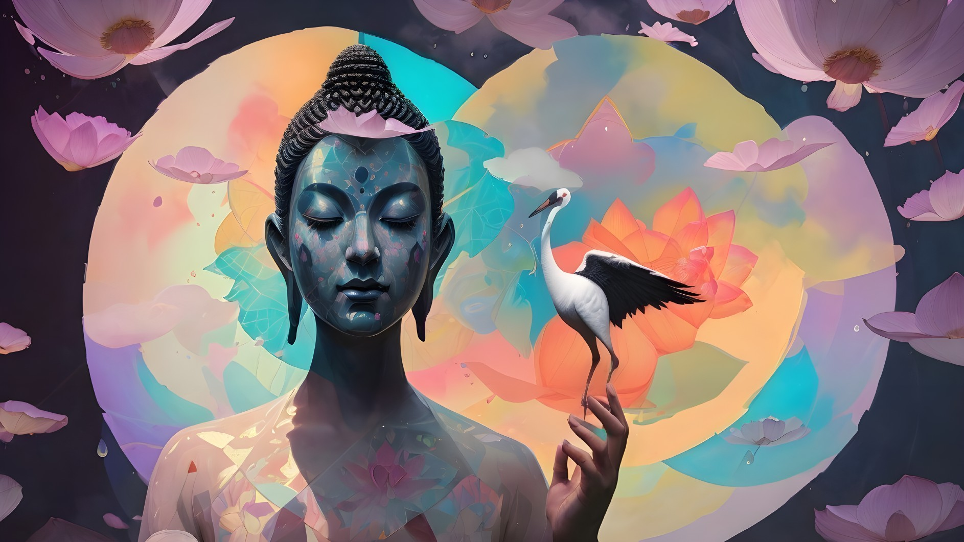 Buddha Figure Surrounded by Lotus Flowers and Cranes