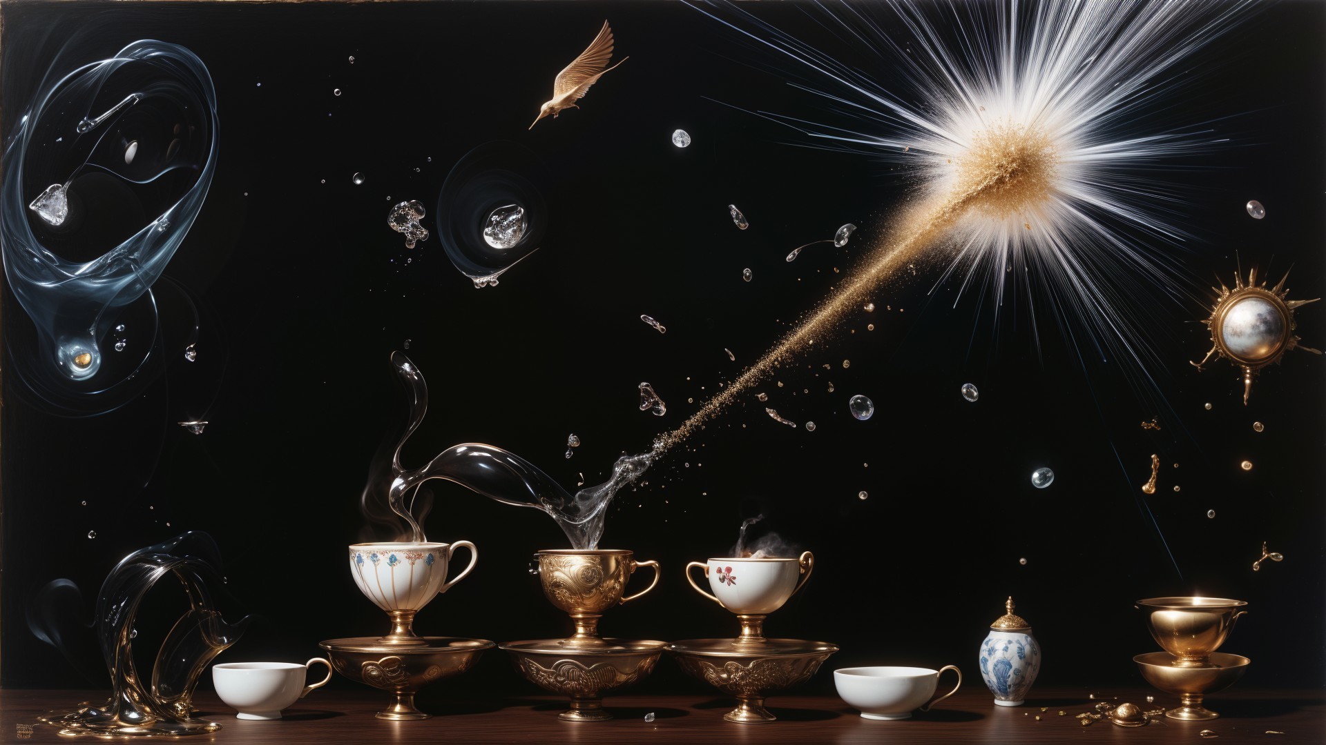 Surreal Composition of Teacups with Steam and Bubbles