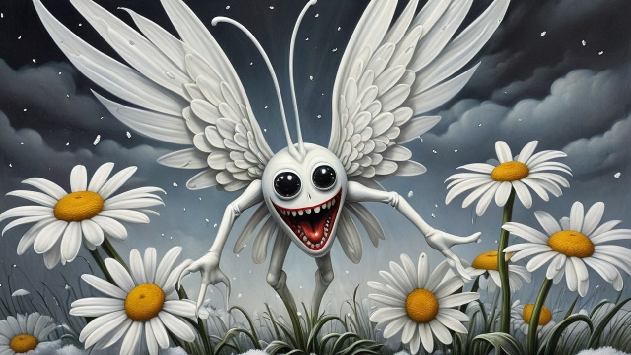 Whimsical Creature in a Daisy Field Under Clouds