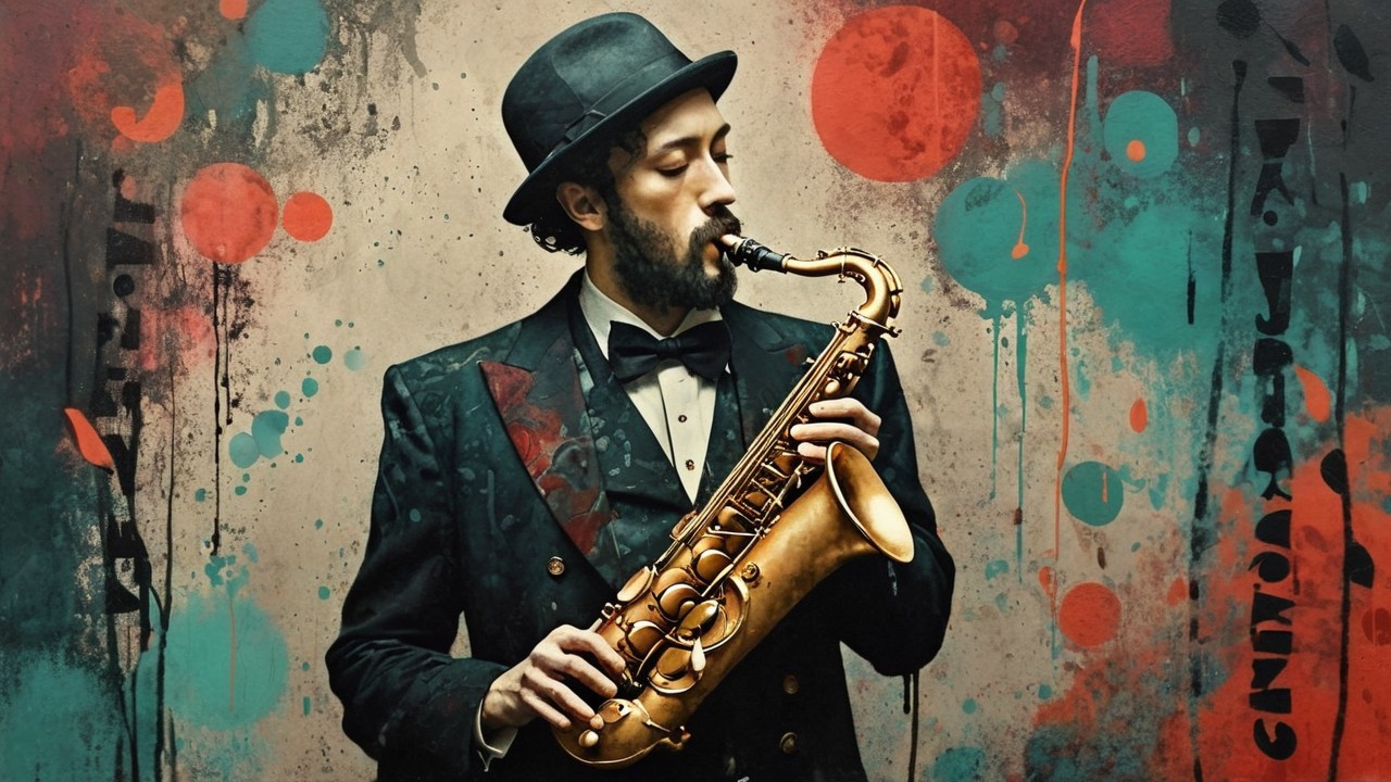 Elegant Man in Tuxedo Playing Saxophone with Colorful Background
