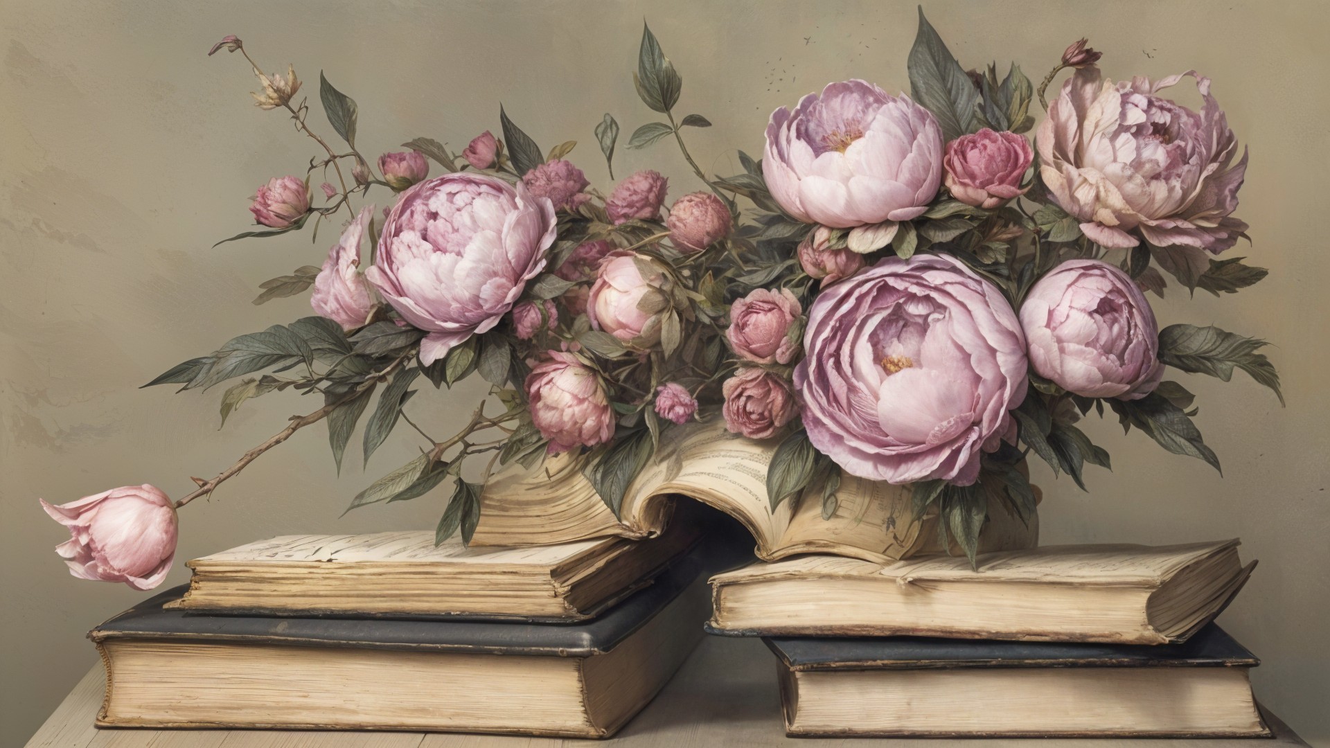 Soft Pink Peonies on Vintage Books Composition