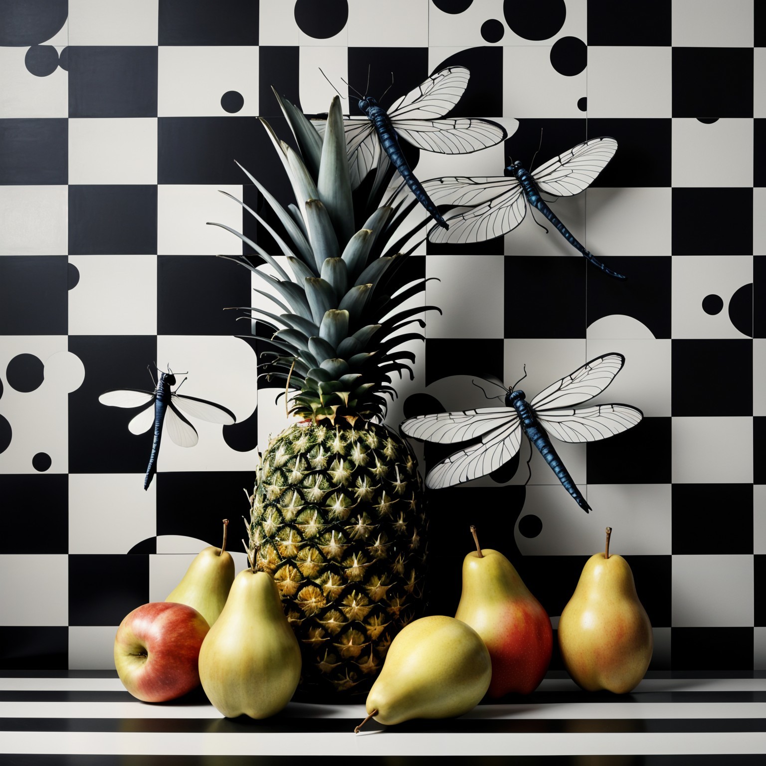 Pineapple Surrounded by Apples and Pears on Striped Surface