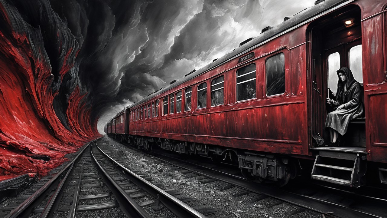 Crimson Train in Desolate Landscape with Ominous Clouds