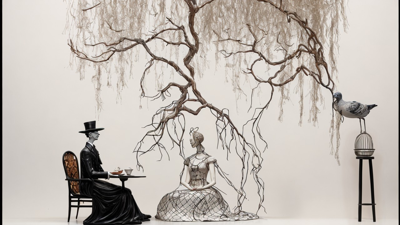 Surreal Sculpture of Man and Woman with Tree Branch