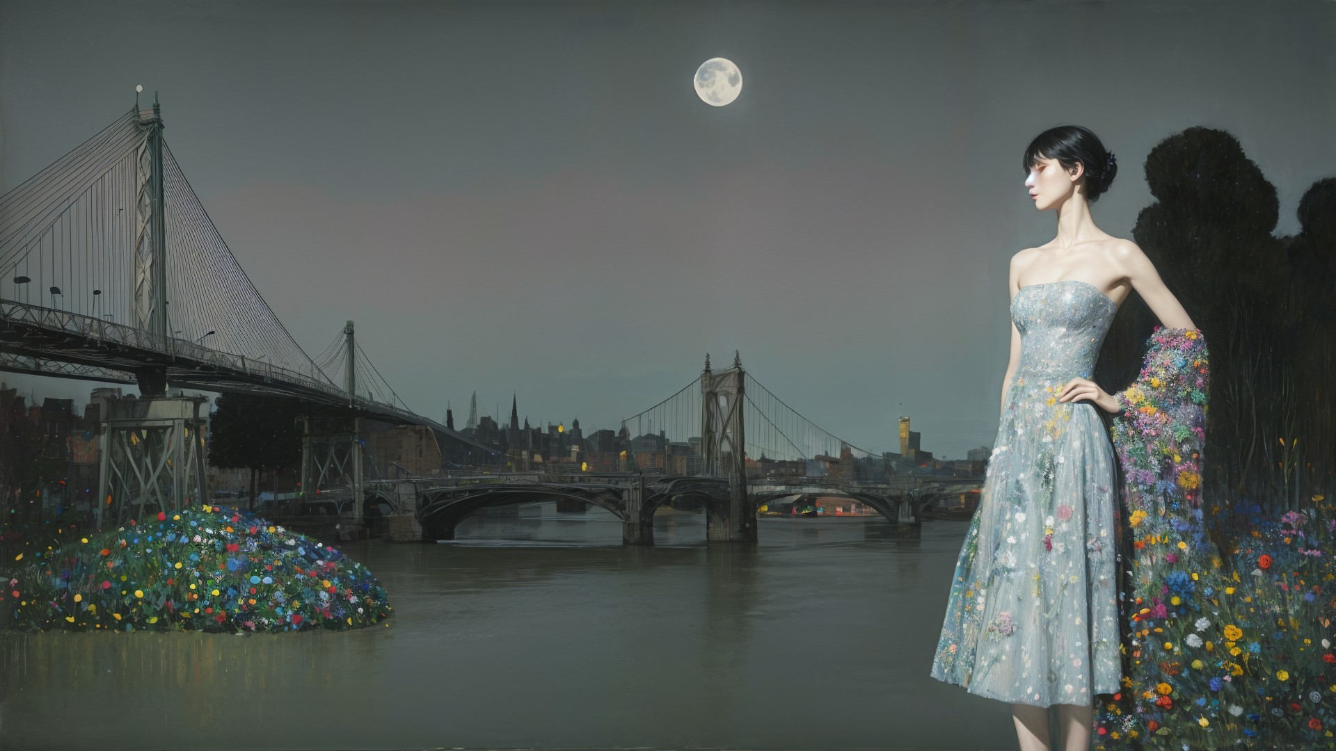 Elegant model in sparkly gown by moonlit riverbank