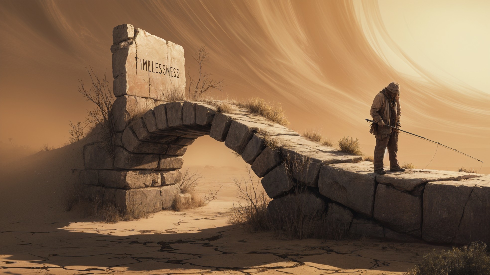 Lone Figure on Timeless Stone Bridge in Arid Landscape