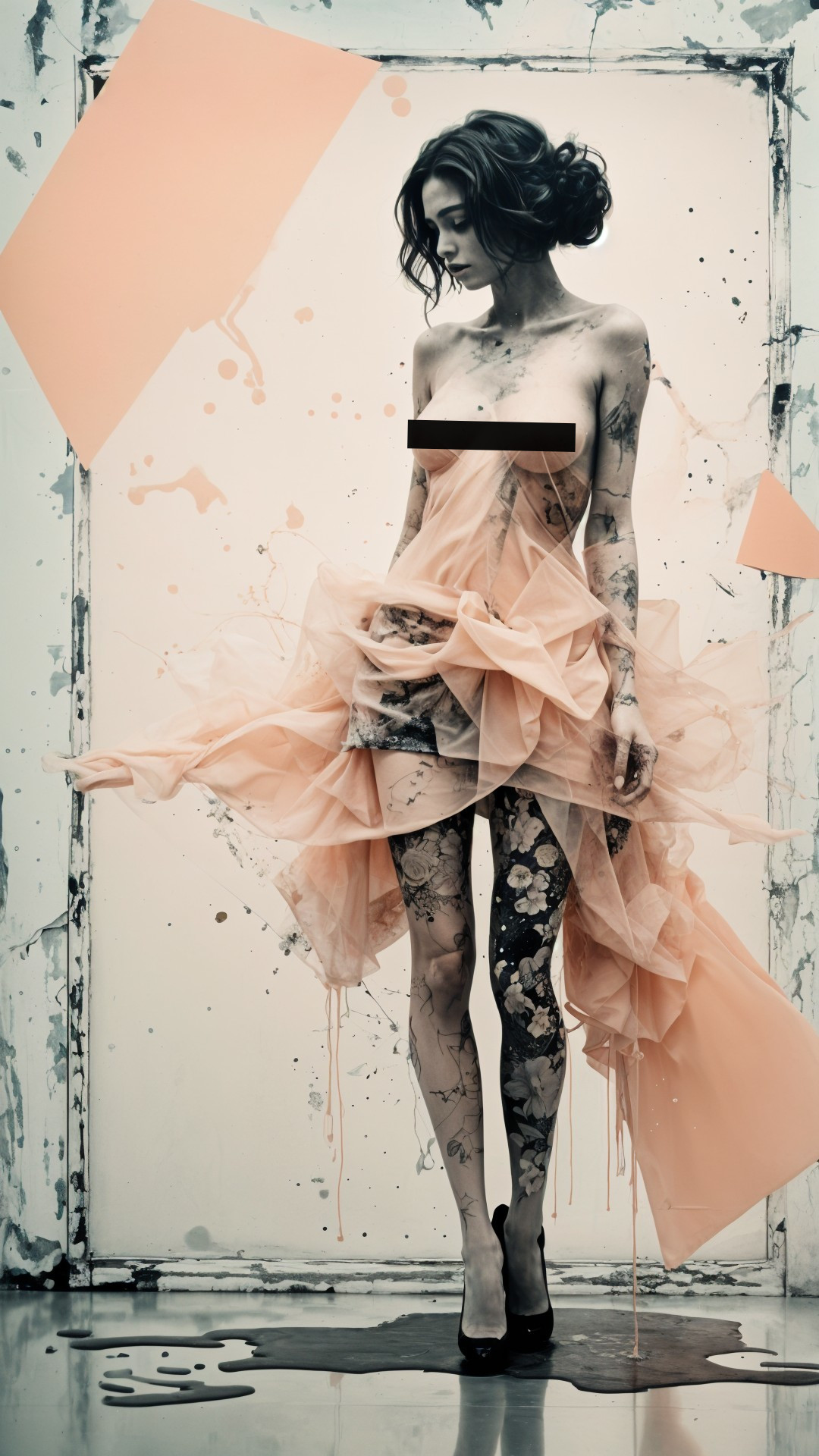 Figure in Peach Tulle Dress with Intricate Tattoos