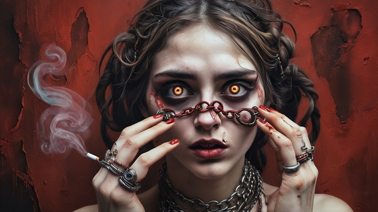 Haunting figure with orange eyes and dark attire