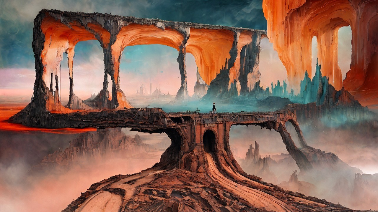 Surreal Landscape with Arches and Vibrant Colors