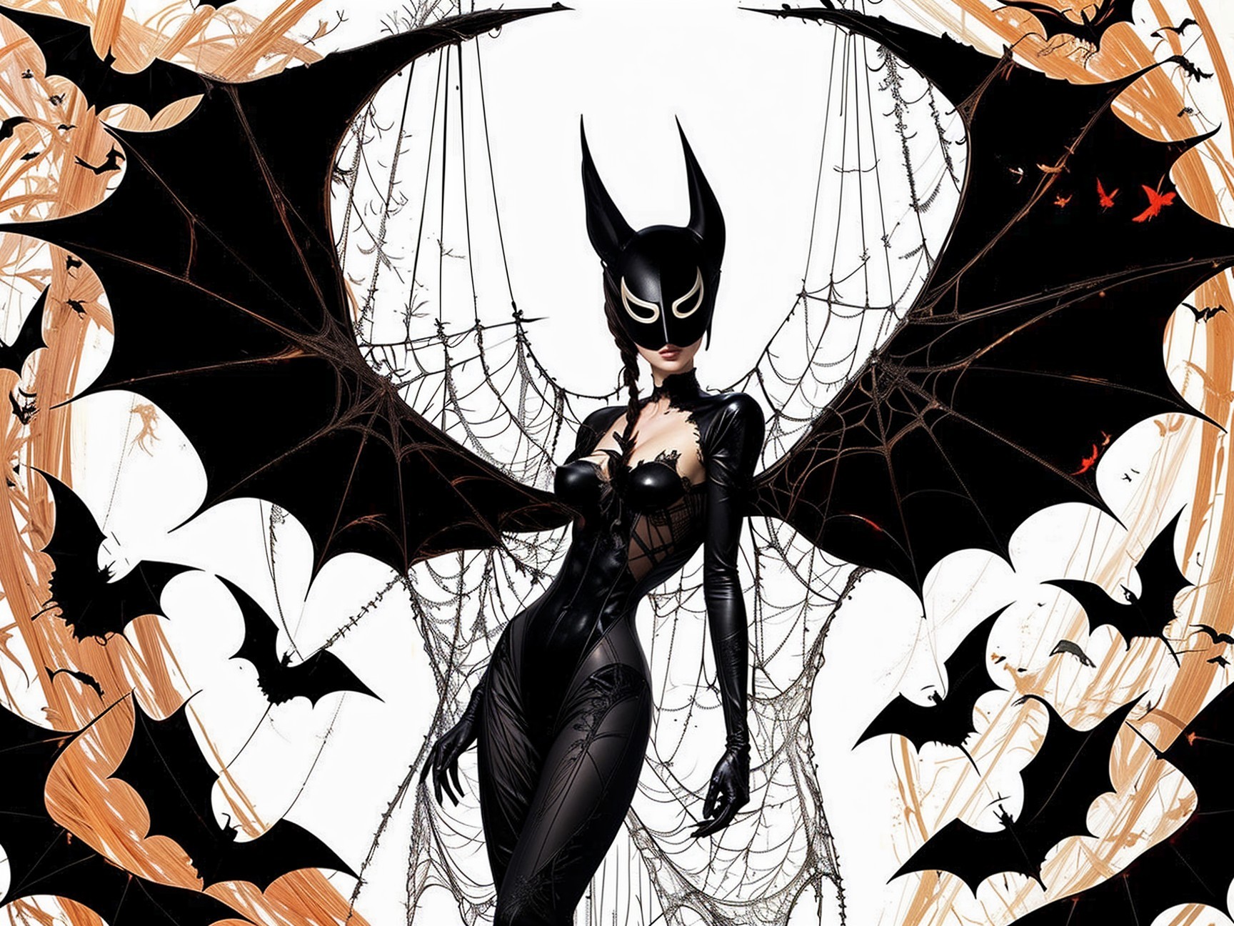 Black Bodysuit with Bat Design and Dramatic Background