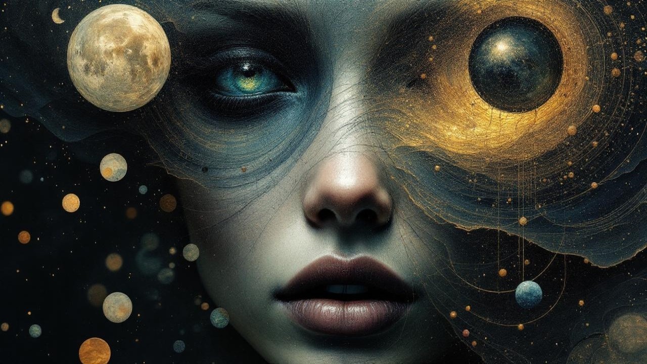Surreal Woman's Face Merged with Cosmic Elements