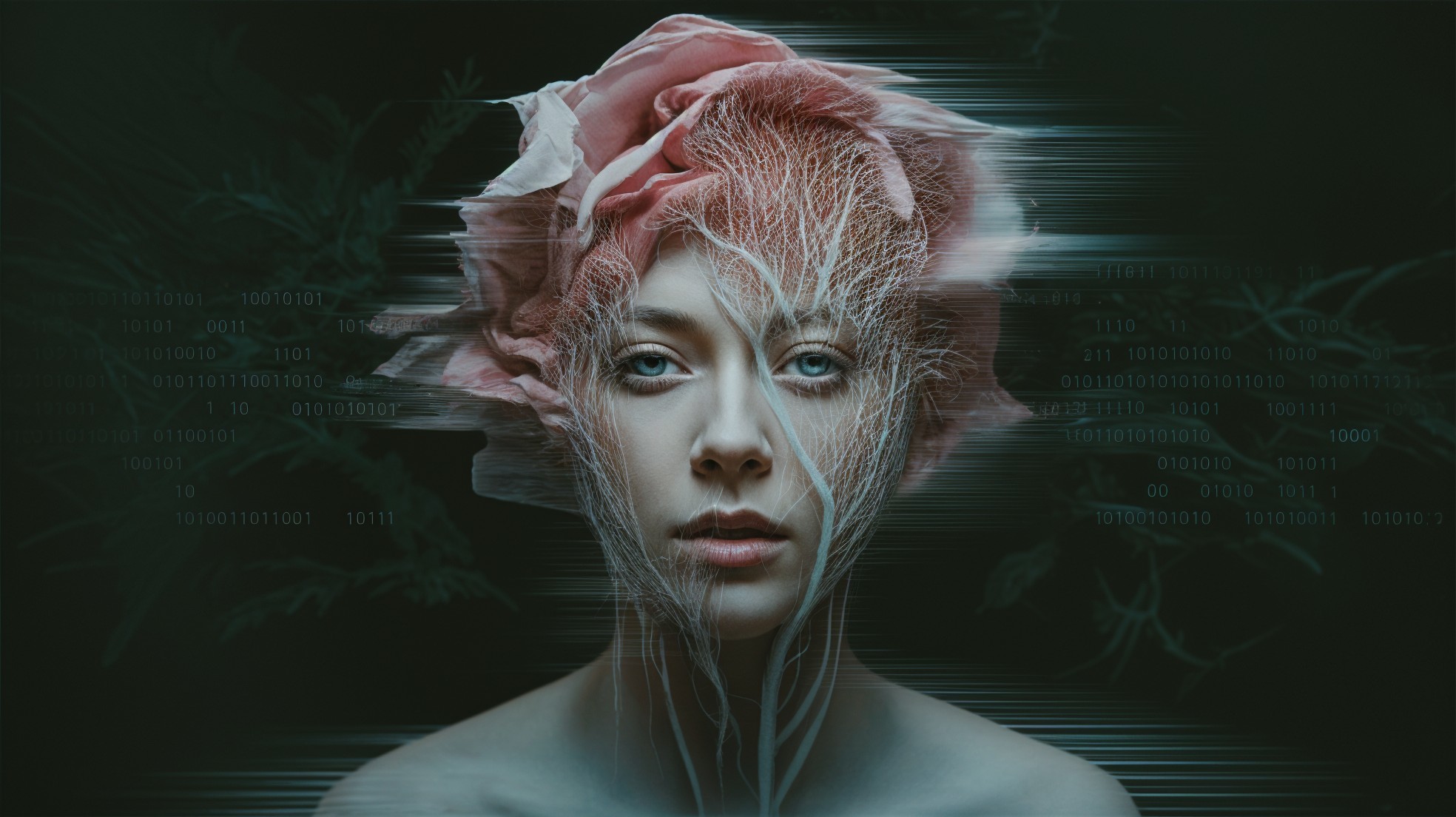 Serene Woman with Floral Headpiece and Digital Elements