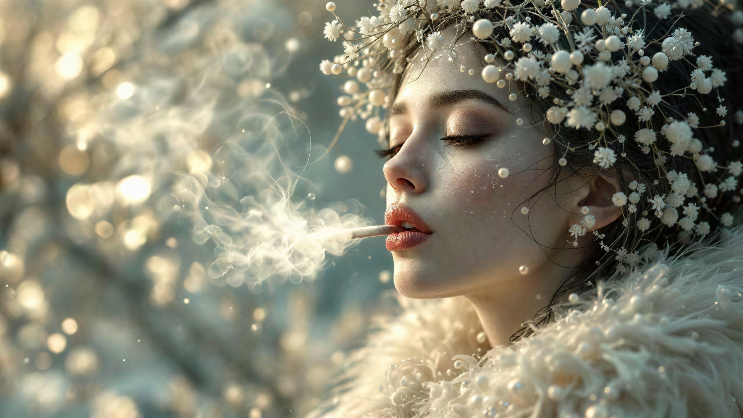Close-Up of Young Woman Exhaling Smoke with Floral Headpiece