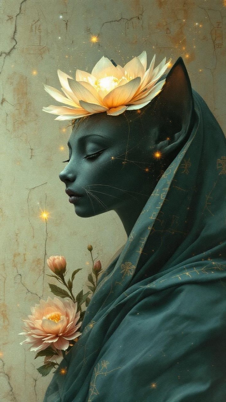 Serene Figure with Feline Features in Blue Robe