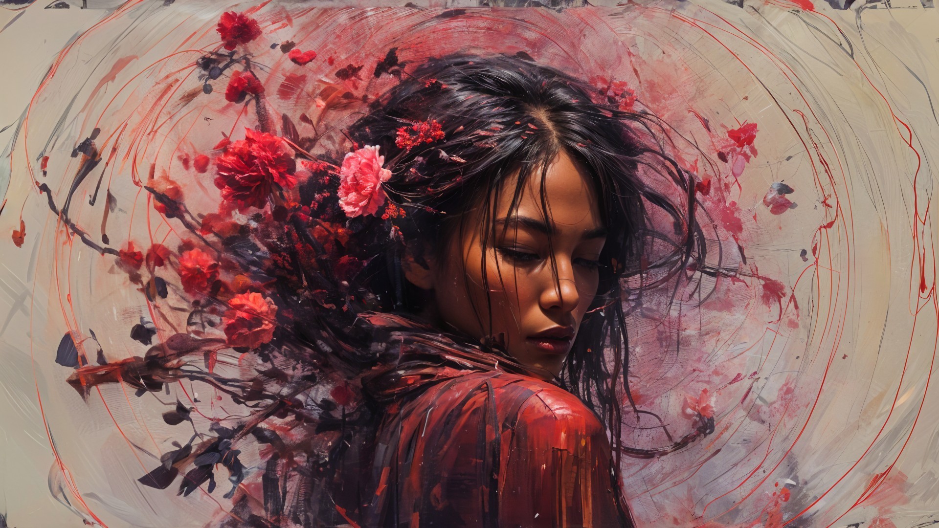 Woman with Black Hair Surrounded by Red Flowers