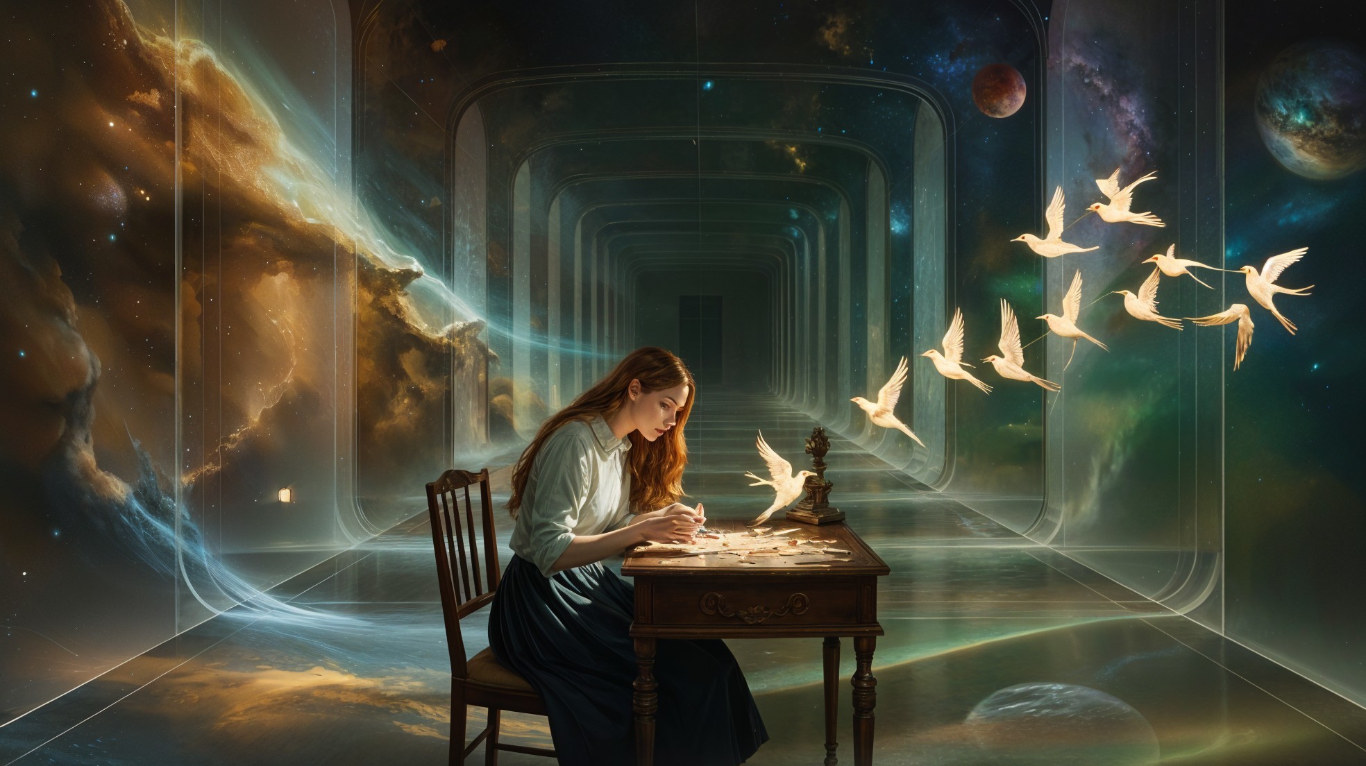 Young woman writing at a cosmic-themed desk