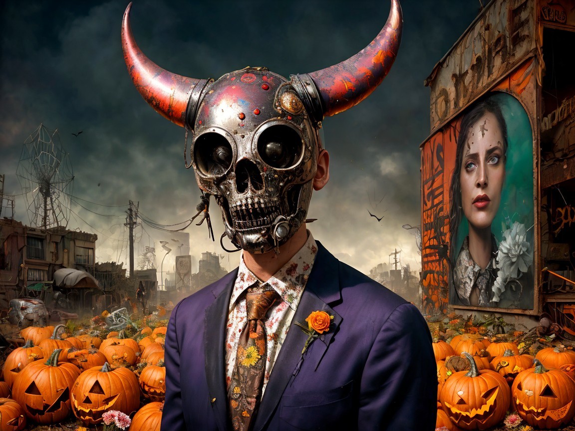 Apocalyptic Scene with Skull Mask and Pumpkins