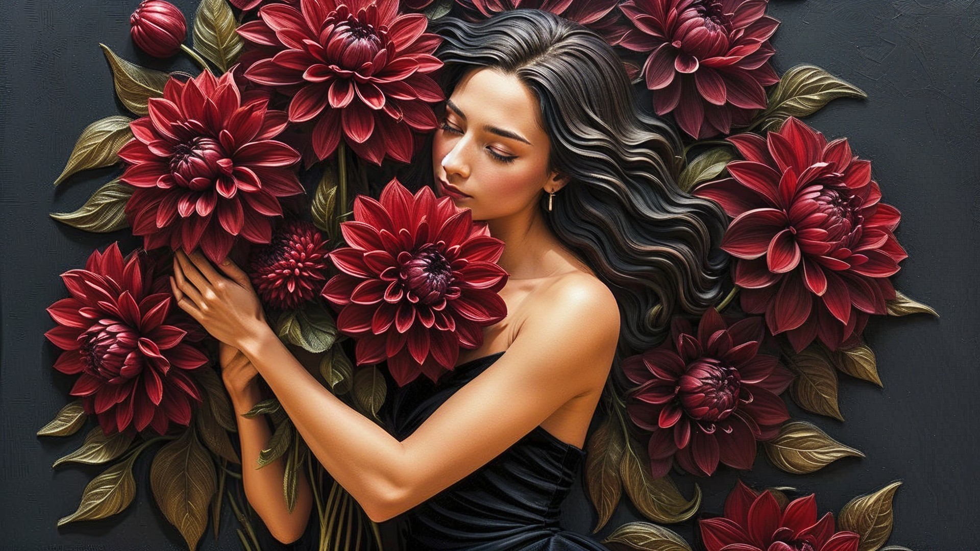 Textured Artwork of Woman Among Red Dahlias