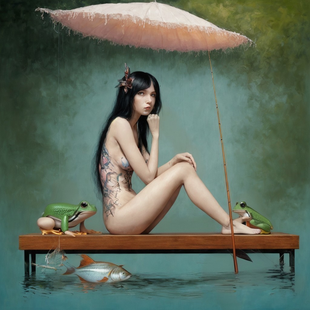 Young woman on platform in tranquil water scene