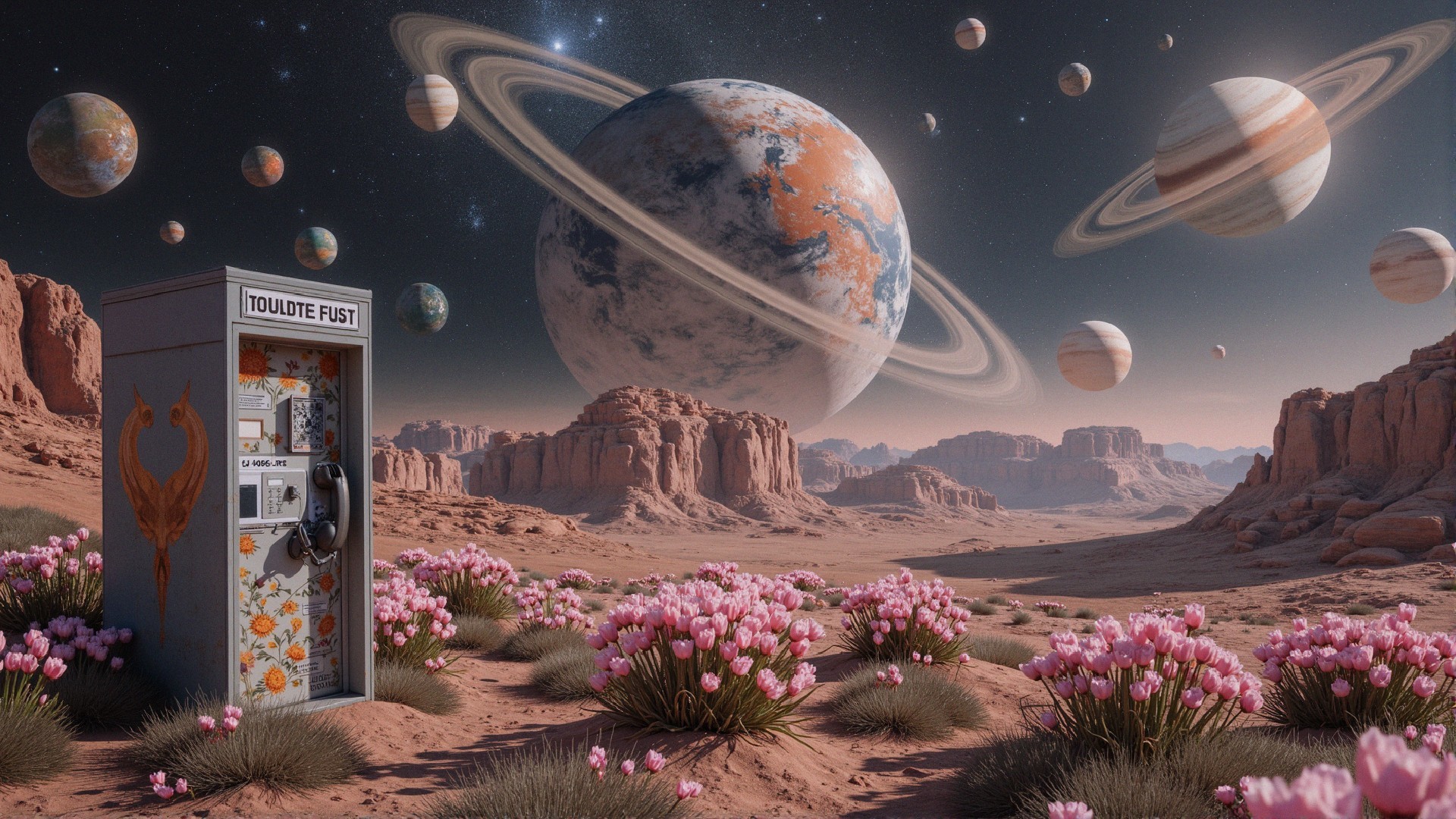 Surreal Planet Landscape with Vintage Gas Station