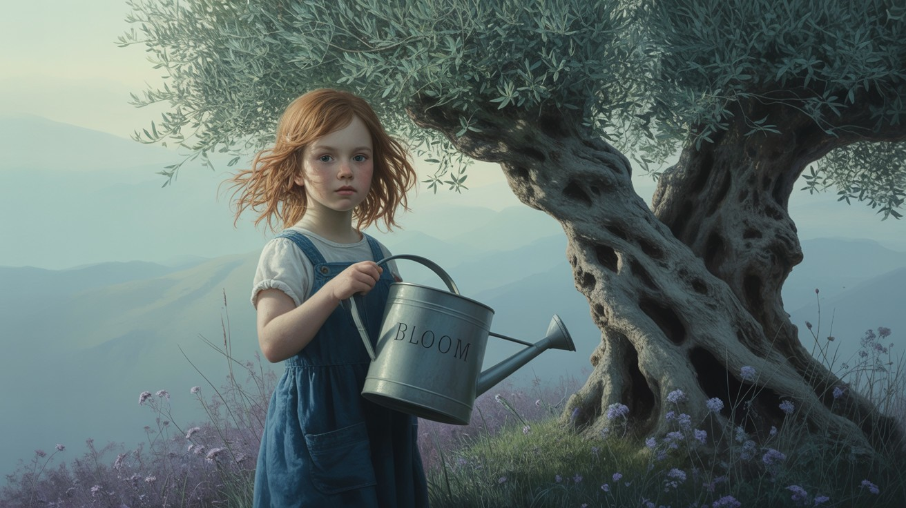 Young girl with red hair under olive tree in serene landscape