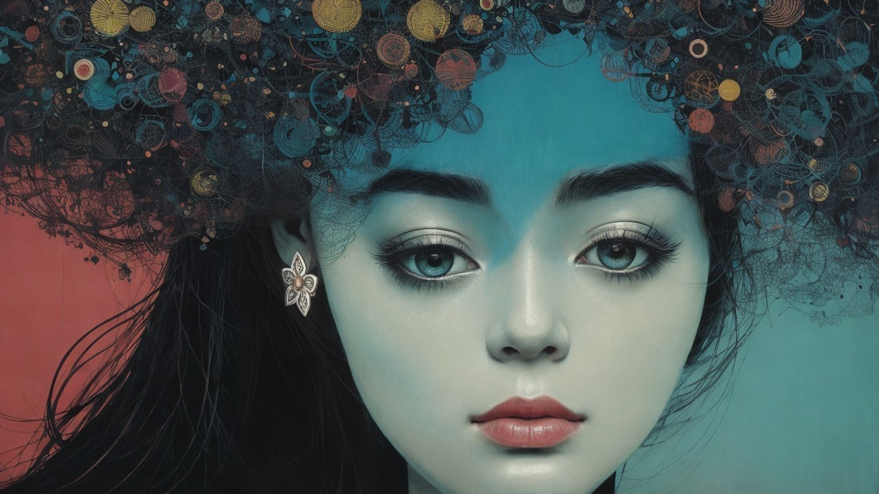 Surreal Portrait of a Young Woman with Galaxy Hairdo
