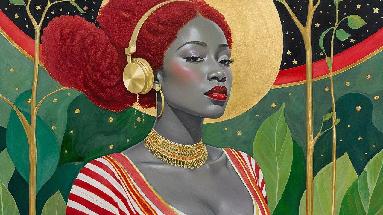 Portrait of a woman with red hair and gold accents