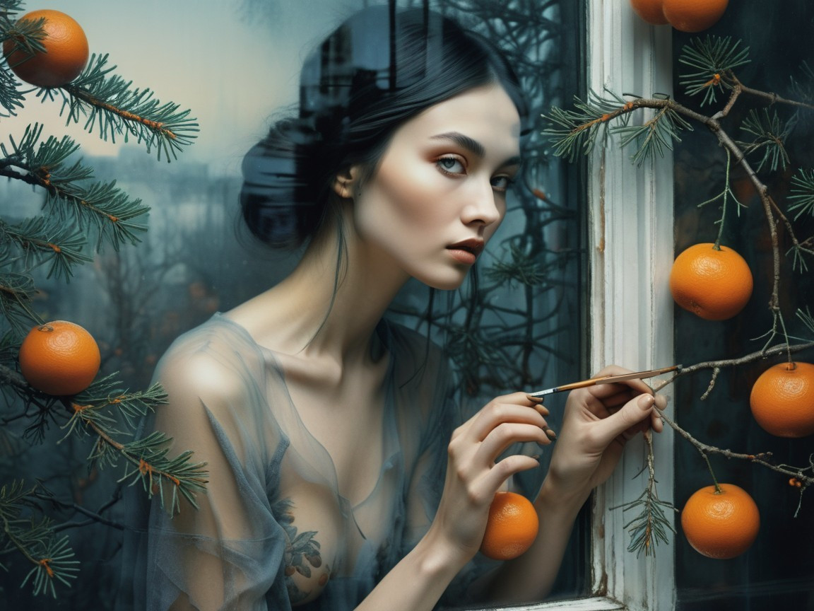 Portrait of a woman gazing through a window with fruits