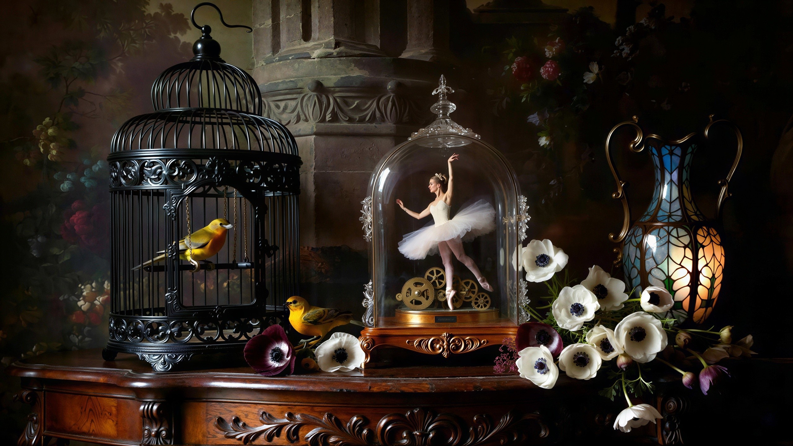 Vibrant Still-Life with Birdcage, Music Box, and Flowers