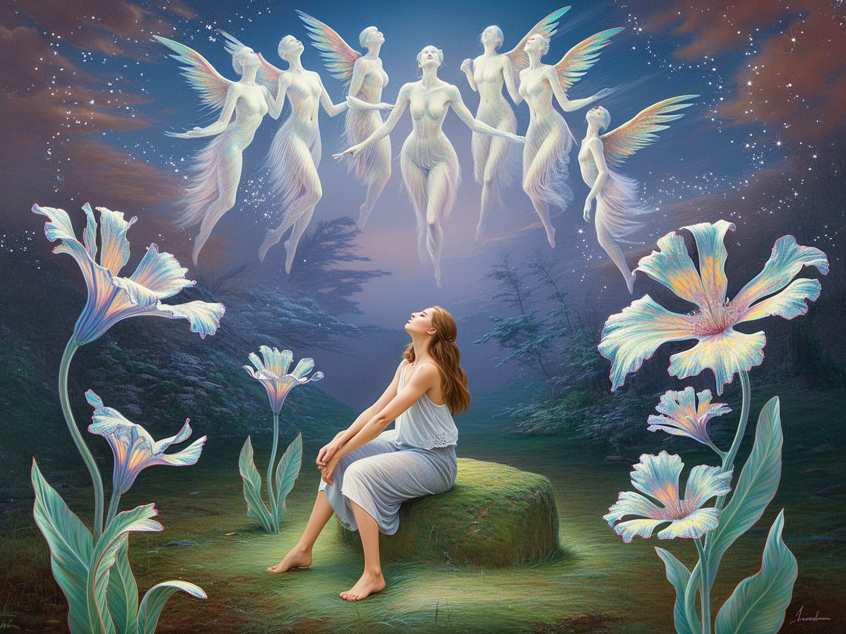 Young Woman in Enchanted Forest with Ethereal Dancers