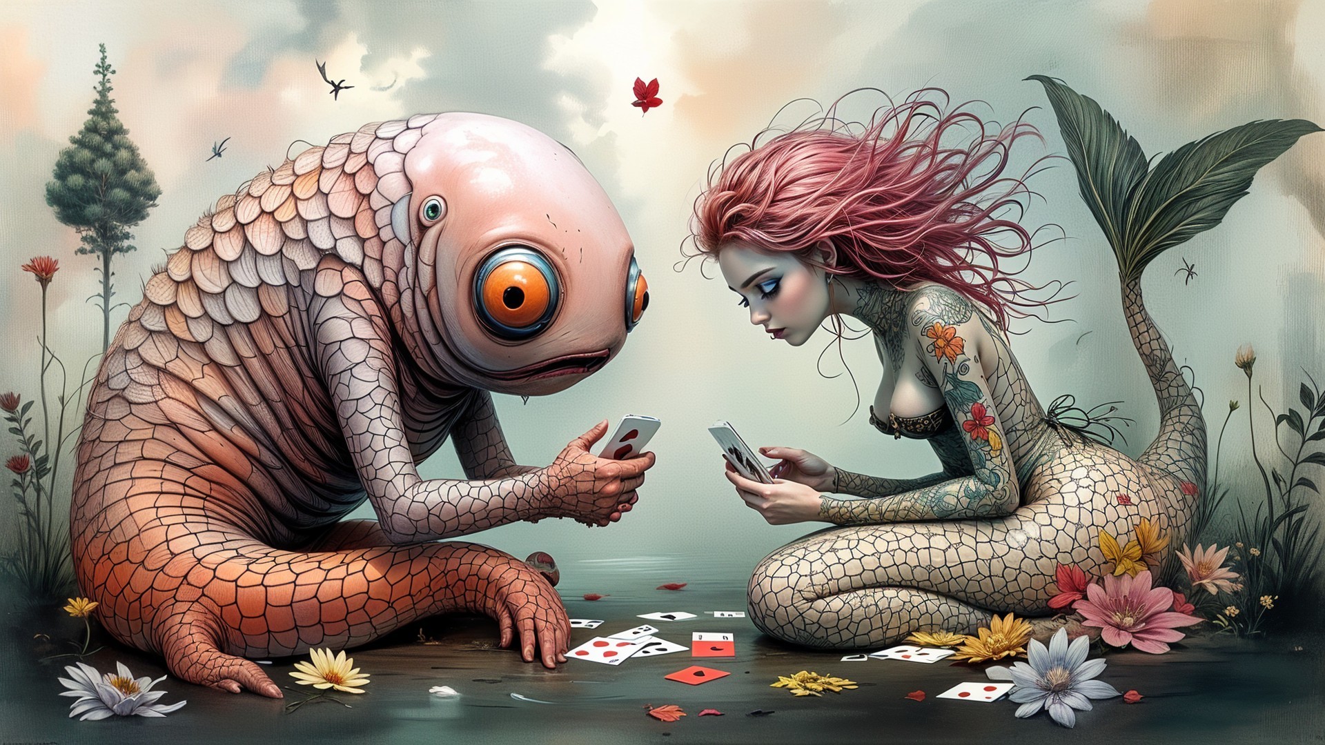Underwater Scene of Mermaid and Fish Creature with Phones