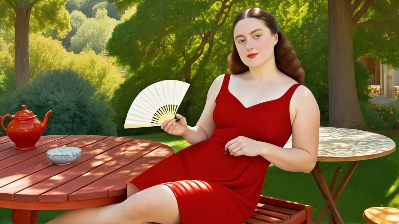 Young Woman in Red Dress in Garden Setting