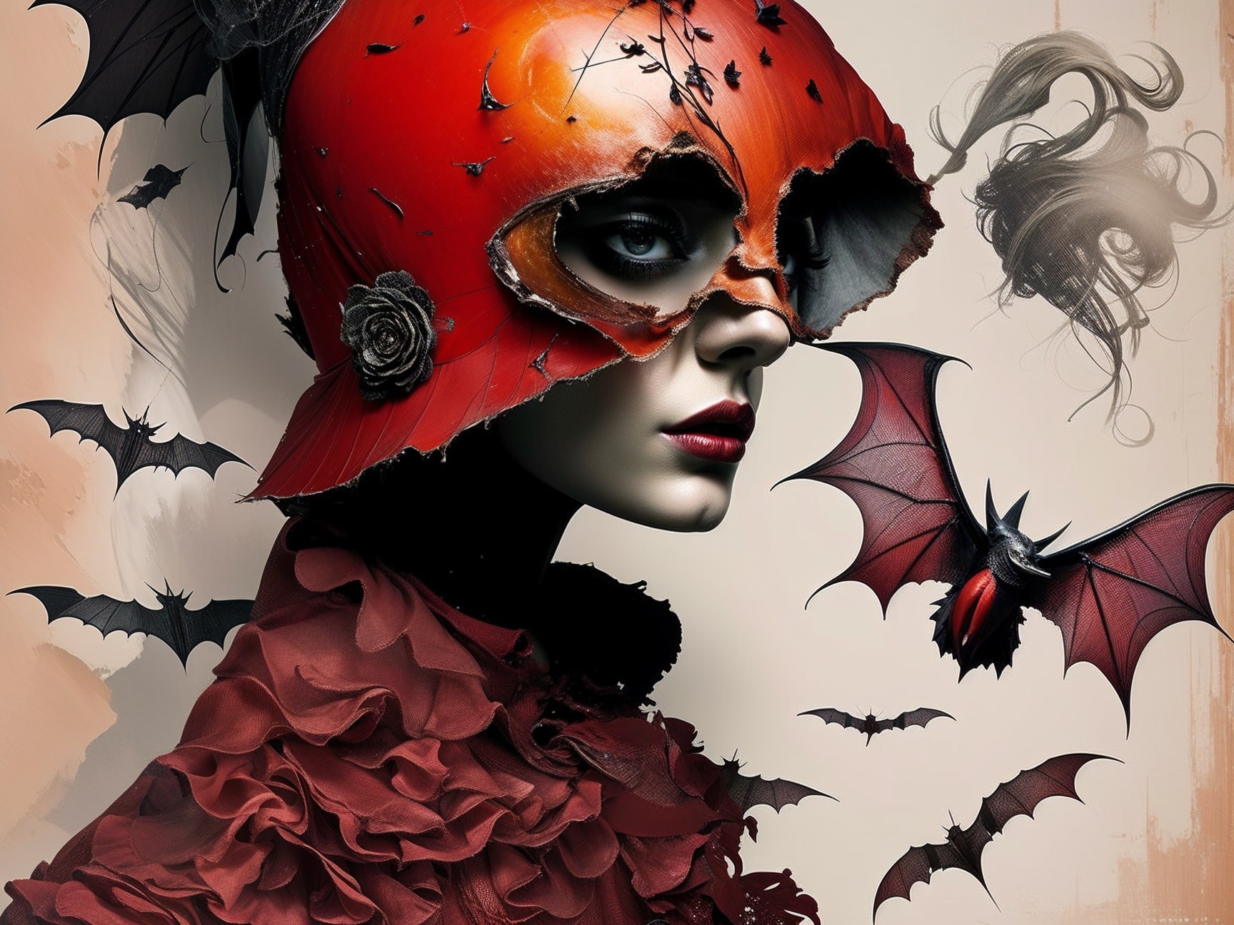 Portrait of a Female Figure in a Red Helmet