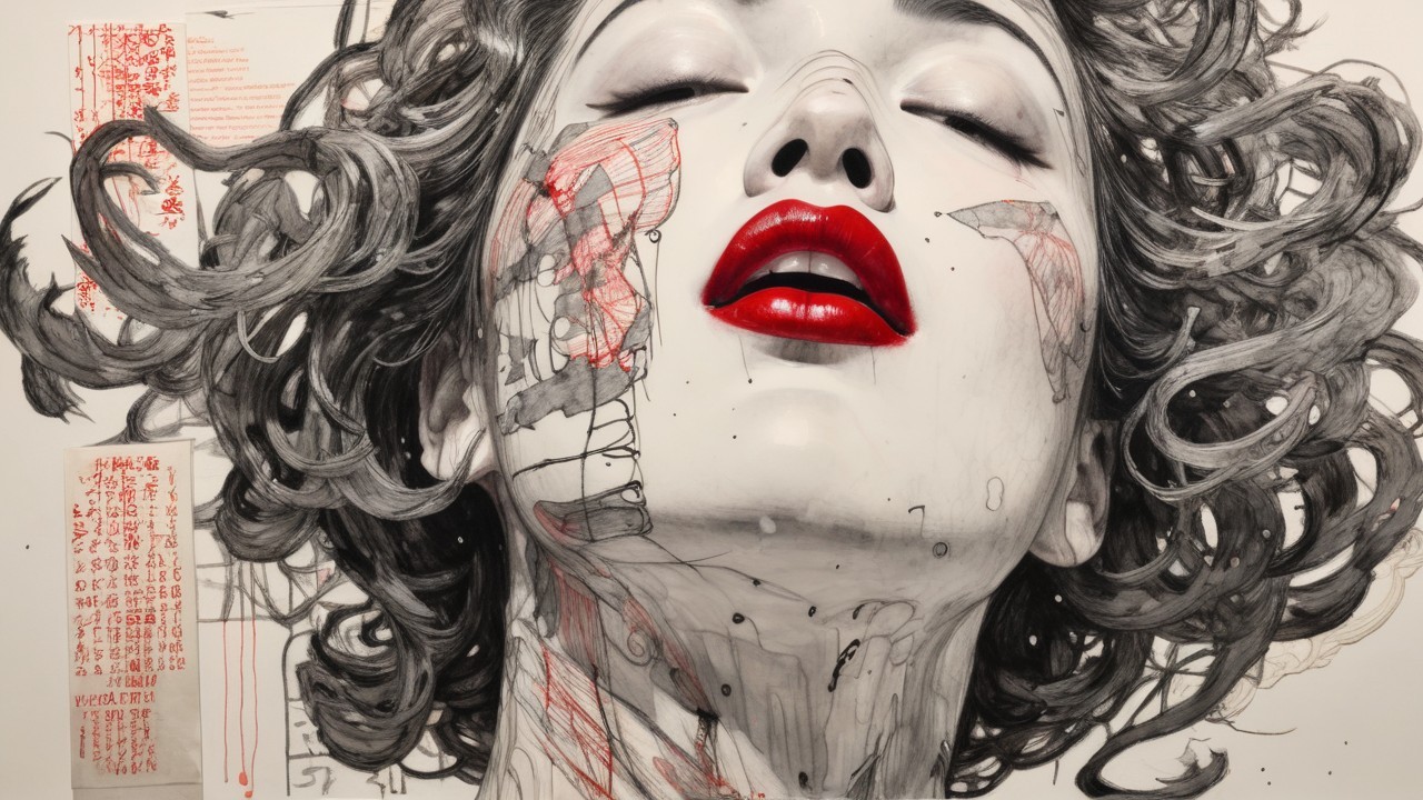 Close-Up of Woman's Face with Curly Hair and Symbols