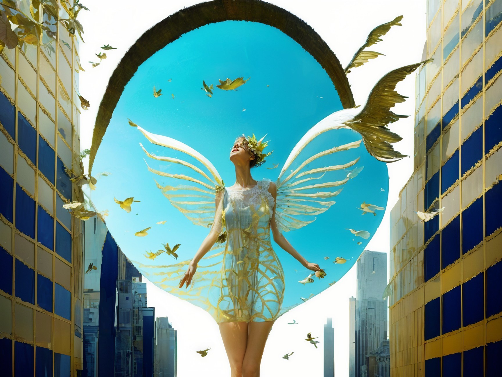 Woman with Wings in Urban Fantasy Scene