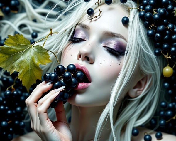 Close-up of a woman with white hair and grapes