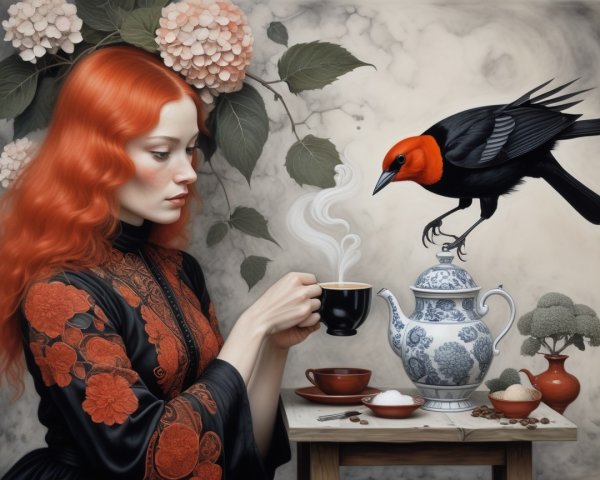 Young woman in black gown with red-billed bird and flowers